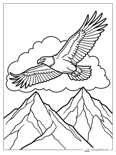 Bold eagle flying above clouds and sharp mountain peaks coloring page