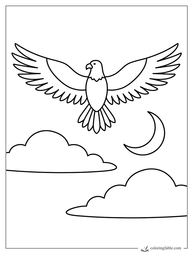 Minimalist eagle with wide wings flying between two clouds and a crescent moon