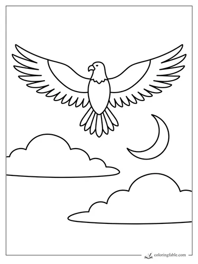 Minimalist eagle with wide wings flying between two clouds and a crescent moon