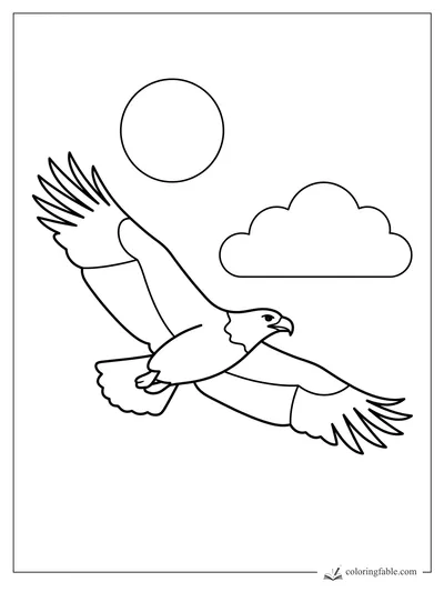Minimalist eagle flying with wide wings beneath a round sun and beside a puffy cloud.