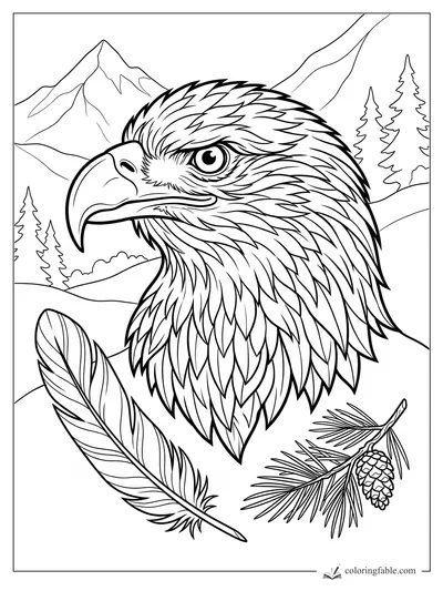 Detailed eagle head coloring page with mountains, pine trees, feather, and pinecone branch
