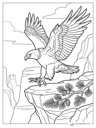 Realistic eagle landing on a rocky cliff beside pine needles and cones, with wings spread wide.