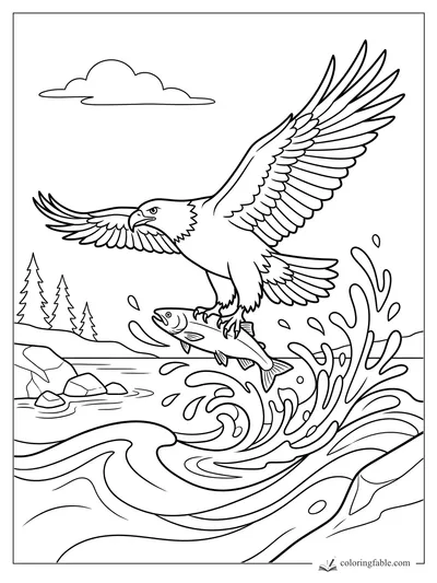 Eagle with spread wings catches a fish above a splashing river, with pine trees, rocks, and a cloud.