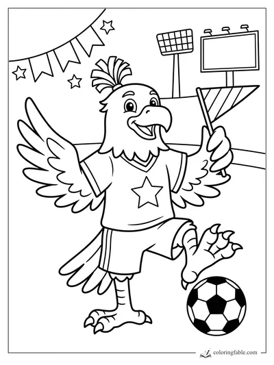 Cartoon eagle soccer mascot waving a striped flag with ball, stadium lights, banner, and stars
