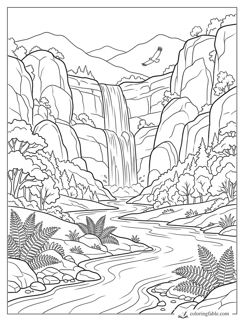 Realistic coloring page of a two-tier waterfall, canyon cliffs, winding river, ferns, trees, and an eagle.
