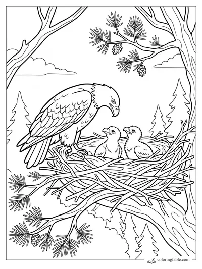 Realistic eagle parent leaning over two chicks in a twig nest among pine branches and cones