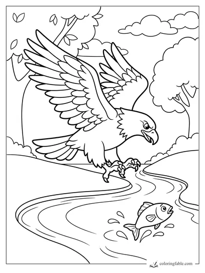 Cartoon eagle swoops above a winding river as a fish leaps, with trees, clouds, and falling leaves.