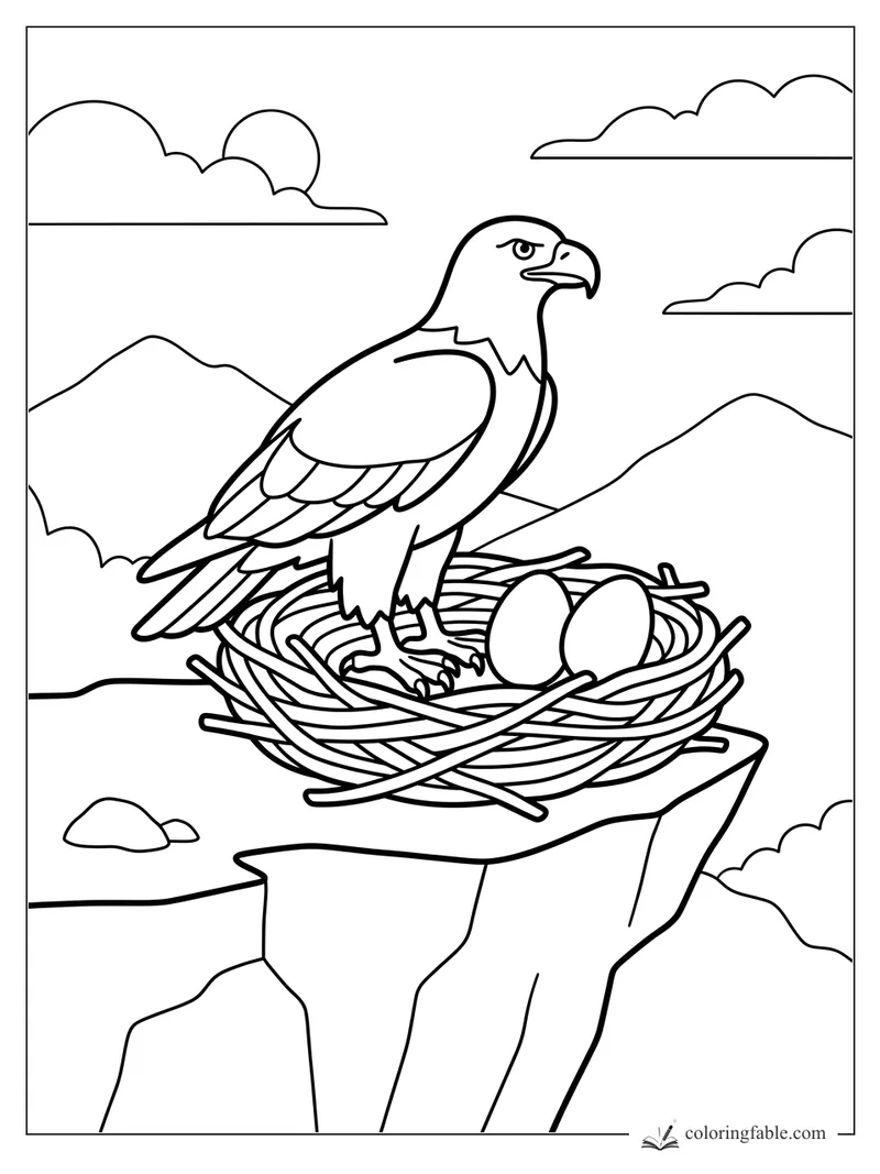 Bold easy coloring page of an eagle standing in a twig nest with two eggs on a high cliff.