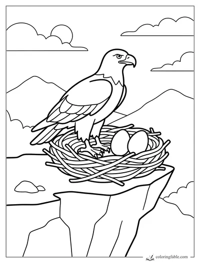 Bold easy coloring page of an eagle standing in a twig nest with two eggs on a high cliff.