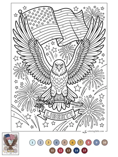 Eagle with Flag, Fireworks, and Liberty Banner — color by number