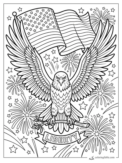 Bald eagle with spread wings holding a branch beneath a U.S. flag, fireworks, stars, and Liberty banner.