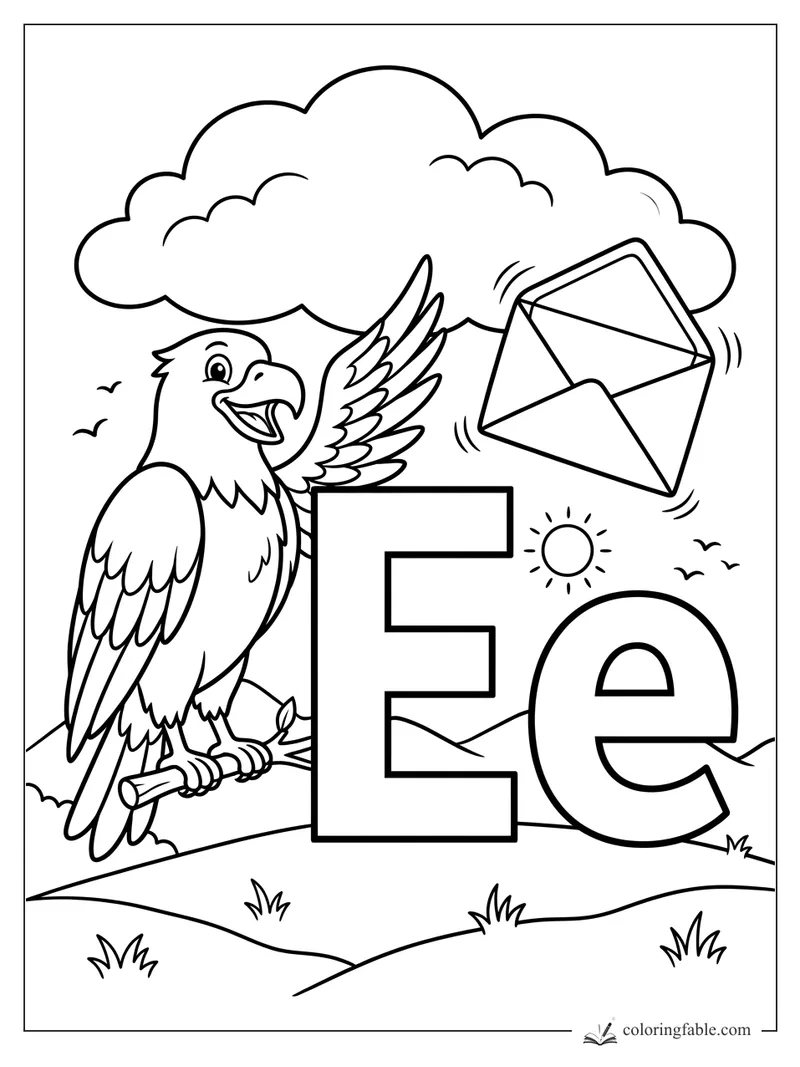 Cartoon eagle beside uppercase and lowercase E with a flying envelope, cloud, sun, hills, and birds.