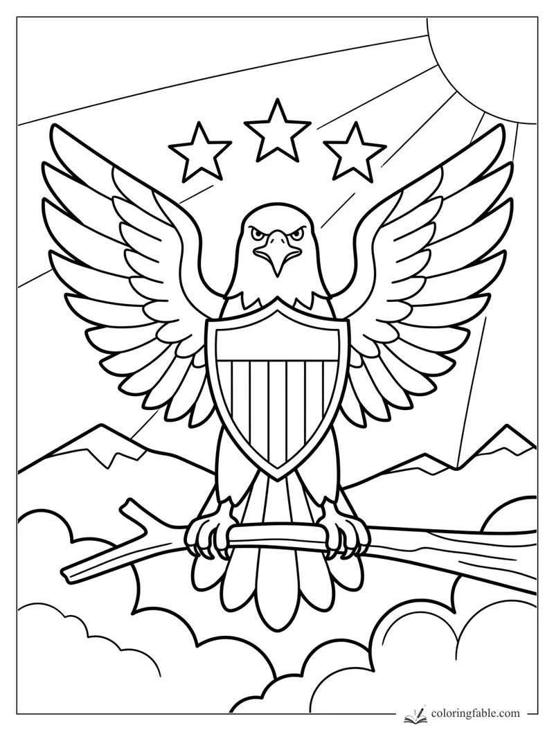 Bold eagle with spread wings, striped shield, three stars, sun rays, mountains, clouds, and branch perch