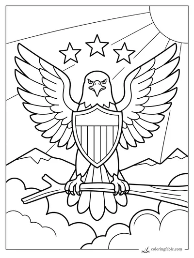 Bold eagle with spread wings, striped shield, three stars, sun rays, mountains, clouds, and branch perch
