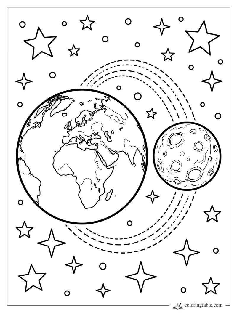 Earth with visible continents, a cratered moon, dotted orbit paths, and stars in space coloring page
