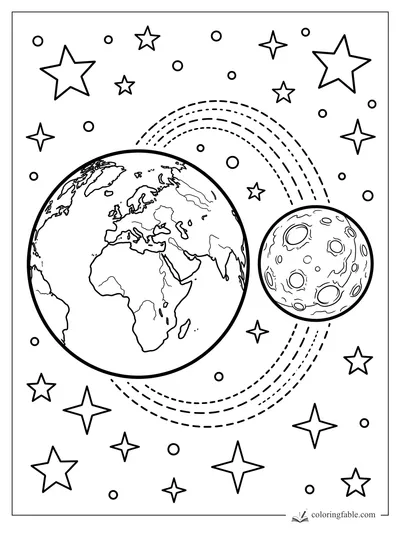 Earth with visible continents, a cratered moon, dotted orbit paths, and stars in space coloring page
