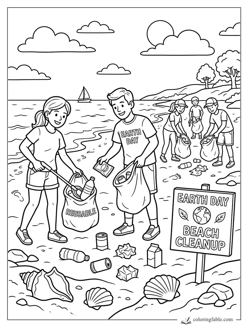 Kids collecting litter in reusable bags at an Earth Day beach cleanup with shells, waves, and a sailboat.