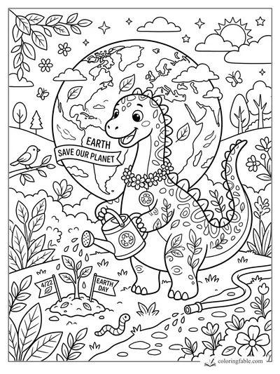Smiling dinosaur waters a sapling for Earth Day before a globe with Save Our Planet banner.