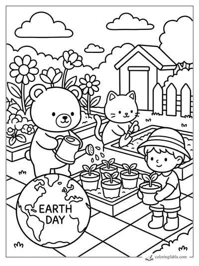 Earth Day coloring page with bear watering seedlings, cat gardening, child holding a potted plant, and flowers.
