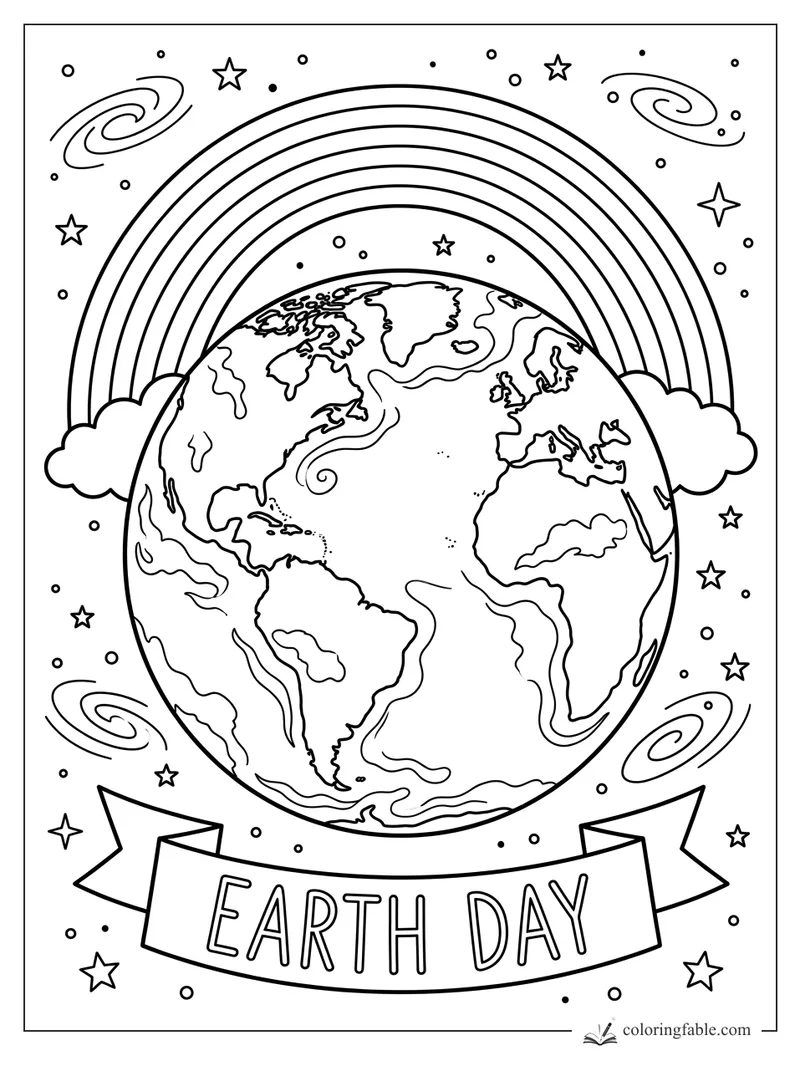 Earth Day coloring page with globe, rainbow arch, stars, swirls, clouds, and banner
