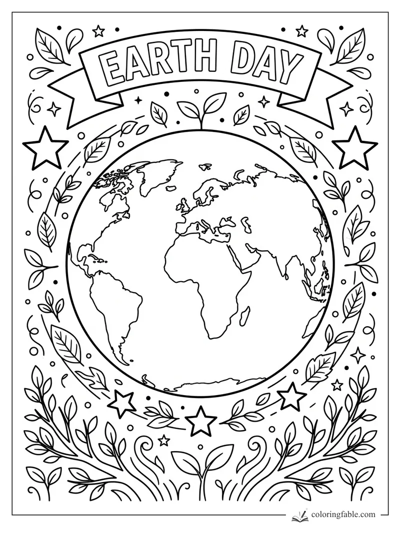 Earth Day coloring page with globe, banner, stars, leaves, and sprouting plants