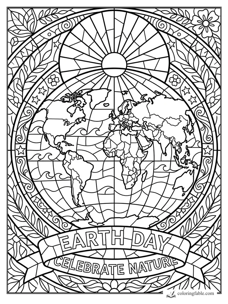 Intricate Earth Day stained-glass coloring page with world map, sunburst, leaves, flowers, and banner.