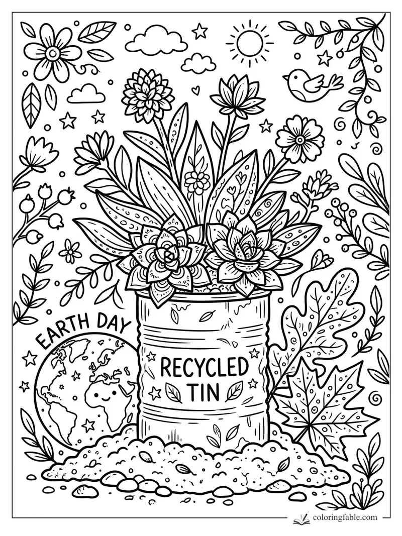Doodle succulent bouquet in a recycled tin with Earth Day globe, bird, leaves, sun, stars, and soil.