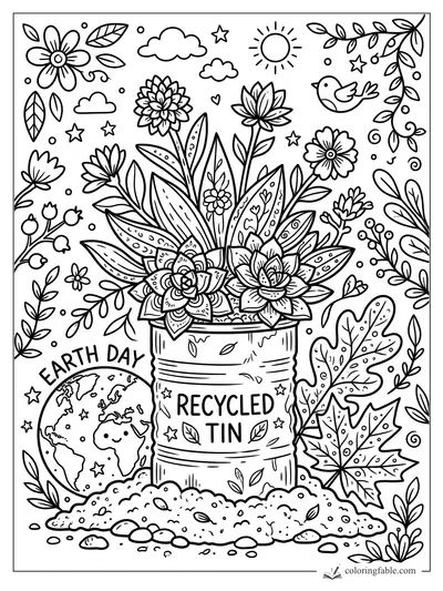 Doodle succulent bouquet in a recycled tin with Earth Day globe, bird, leaves, sun, stars, and soil.