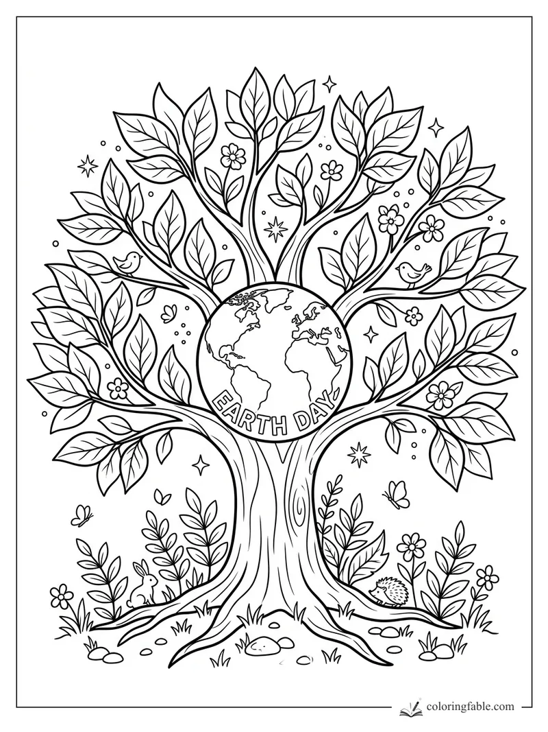 Earth Day coloring page with a leafy tree holding a globe, birds, flowers, rabbit, hedgehog, and butterflies.