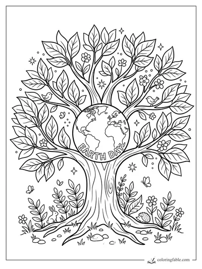 Earth Day coloring page with a leafy tree holding a globe, birds, flowers, rabbit, hedgehog, and butterflies.