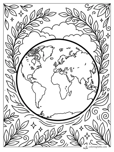 Earth globe coloring page with continents, leafy border, clouds, swirls, berries, and small stars