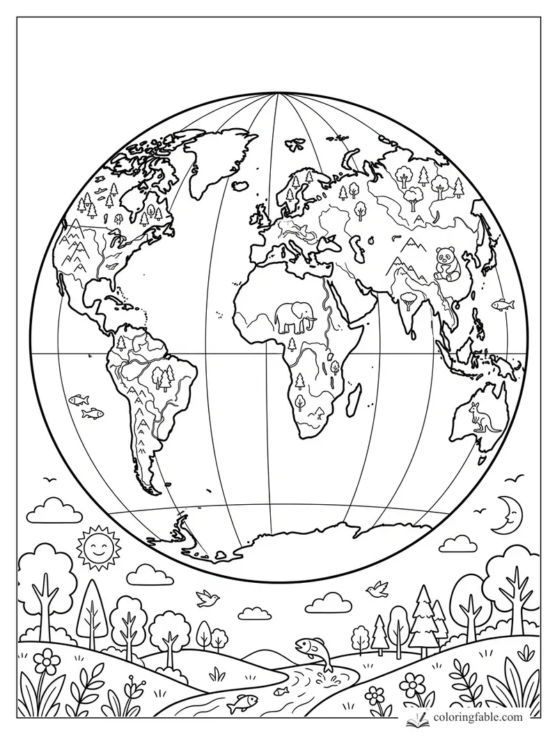 World map globe with continents, animals, trees, clouds, sun, moon, and a river valley to color