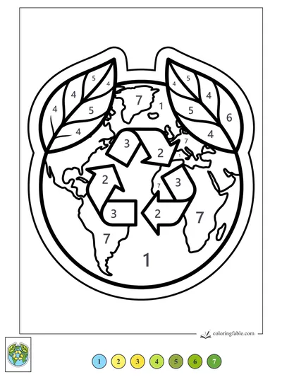 Earth Hugged by Leaves and Recycling Arrows — color by number