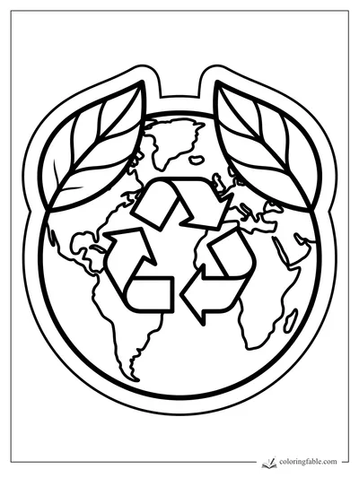 Earth coloring page with recycling arrows, large leaves, continent outlines, and sticker-style border