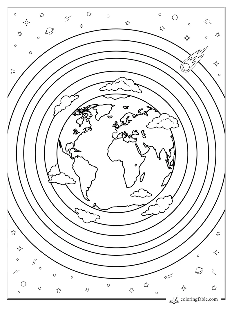 Minimalist Earth coloring page with orbit rings, clouds, stars, planets, and a smiling comet