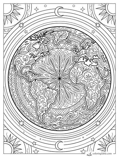 Intricate Earth mandala coloring page with continents, leaf patterns, fish, moons, stars, and corner suns.