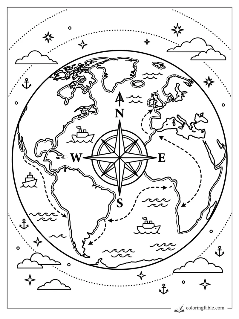 Earth map coloring page with compass rose, dotted routes, ships, clouds, stars, and anchors