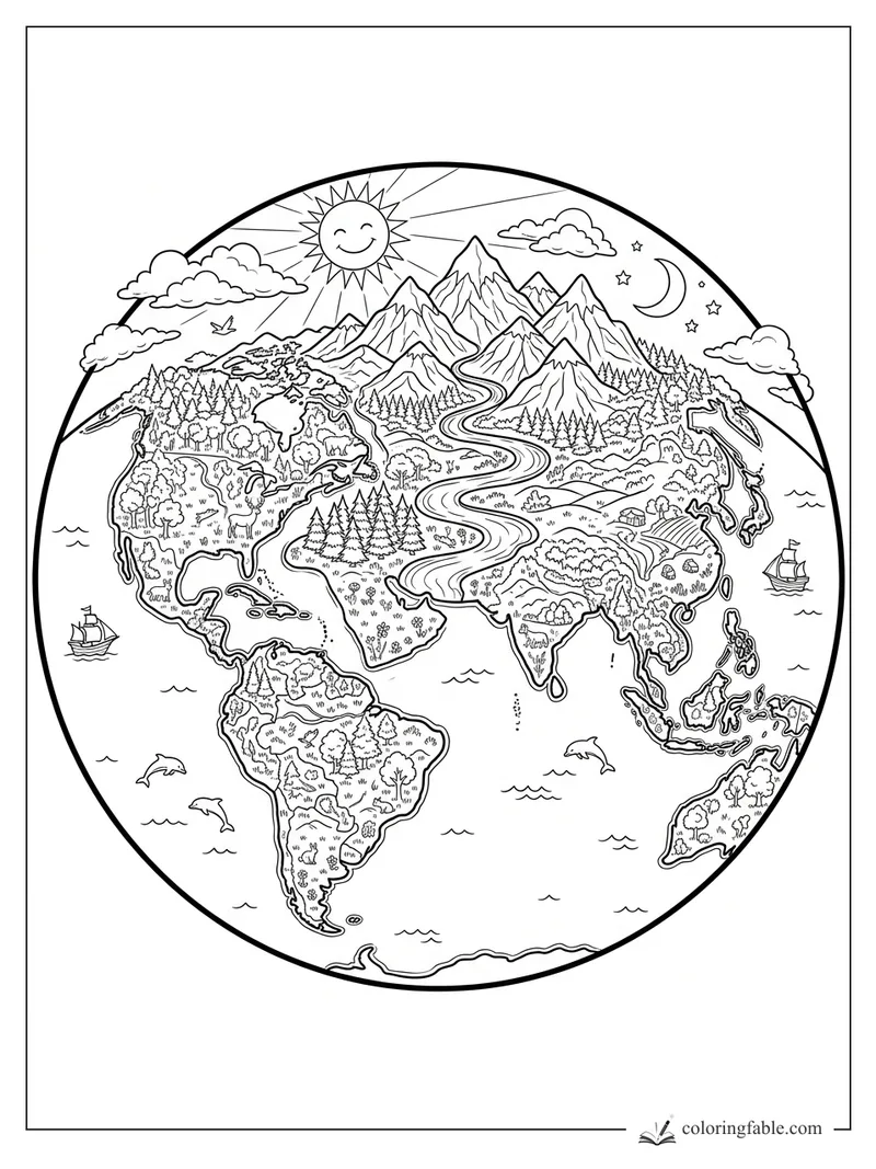 Detailed Earth map coloring page with mountains, forests, ships, dolphins, sun, moon, and clouds