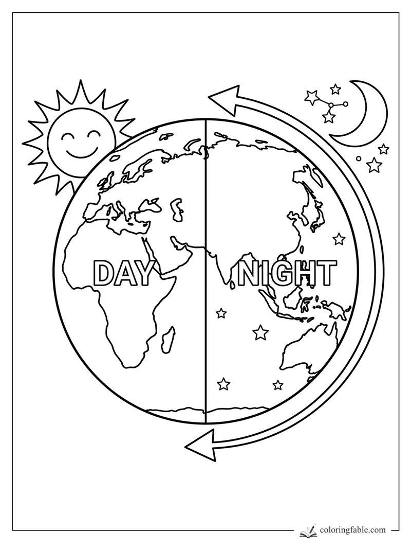 Earth split into DAY and NIGHT with smiling sun, crescent moon, stars, and rotation arrows