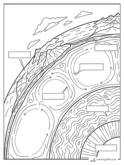 Earth cross-section coloring page with mountains, clouds, layer labels, and dashed convection arrows