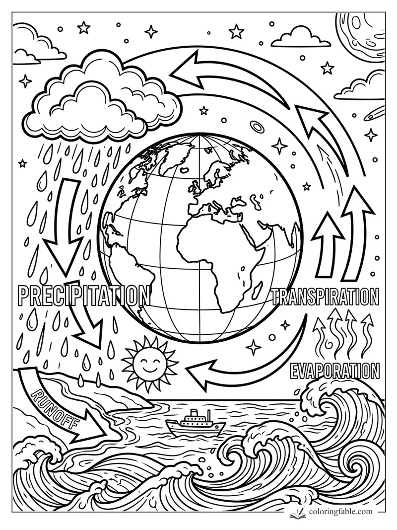 Earth water cycle coloring page with precipitation, runoff, evaporation, transpiration, waves, sun, and arrows