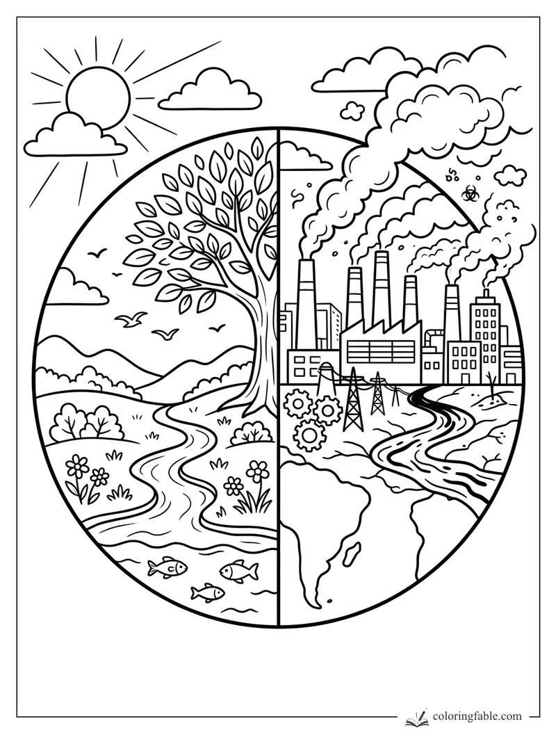 Earth coloring page split between leafy valley and factory city with smoke, river, sun, clouds, and fish