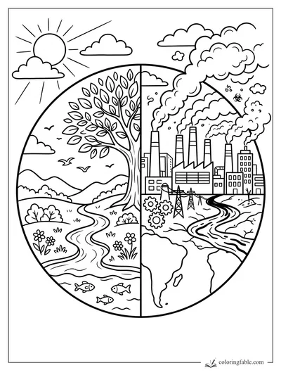 Earth coloring page split between leafy valley and factory city with smoke, river, sun, clouds, and fish