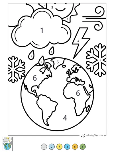 Earth Under a Cloud, Sun, Wind, Snow, and Lightning — color by number