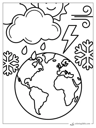 Easy Earth coloring page with smiling sun, cloud, raindrops, wind, lightning, and snowflakes