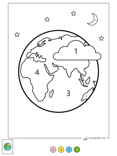 Earth With a Big Cloud, Stars, and Moon — color by number