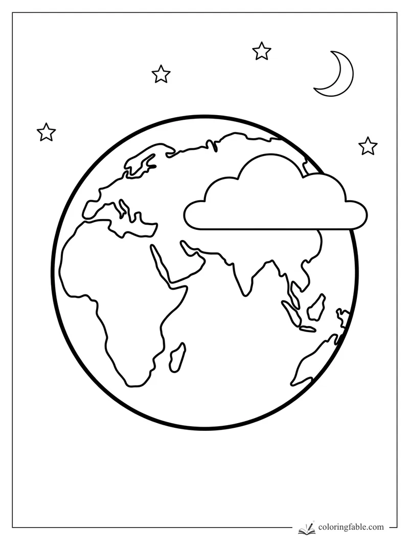 Minimalist Earth coloring page with Africa, Europe, Asia, a large cloud, stars, and crescent moon