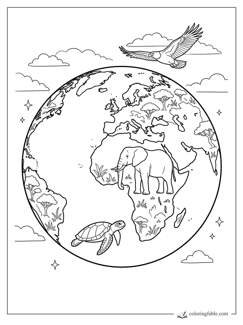 Earth coloring page with Africa, Europe, trees, an elephant, sea turtle, clouds, stars, and flying bird