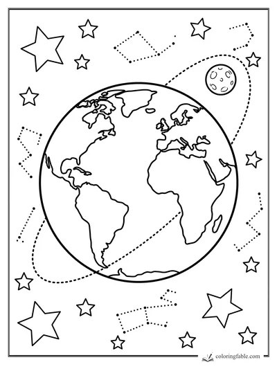Cartoon Earth with continents, a cratered moon, dotted orbit paths, stars, and constellations