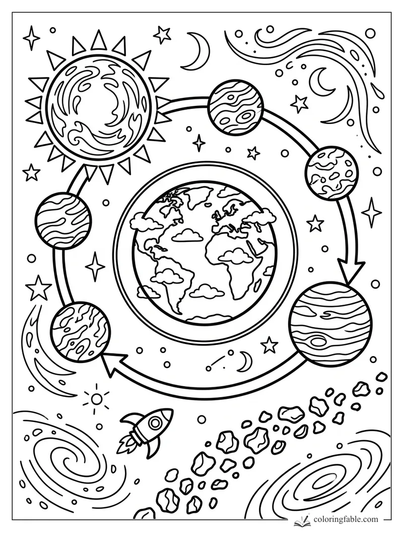 Earth coloring page with orbiting planets, arrows, sun, moons, stars, rocket, asteroids, and spiral galaxies